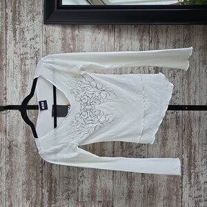 Minga Londo Long Sleeve Crypitc Love Graphic Top Asymmetrical Hem Womens XS NWT